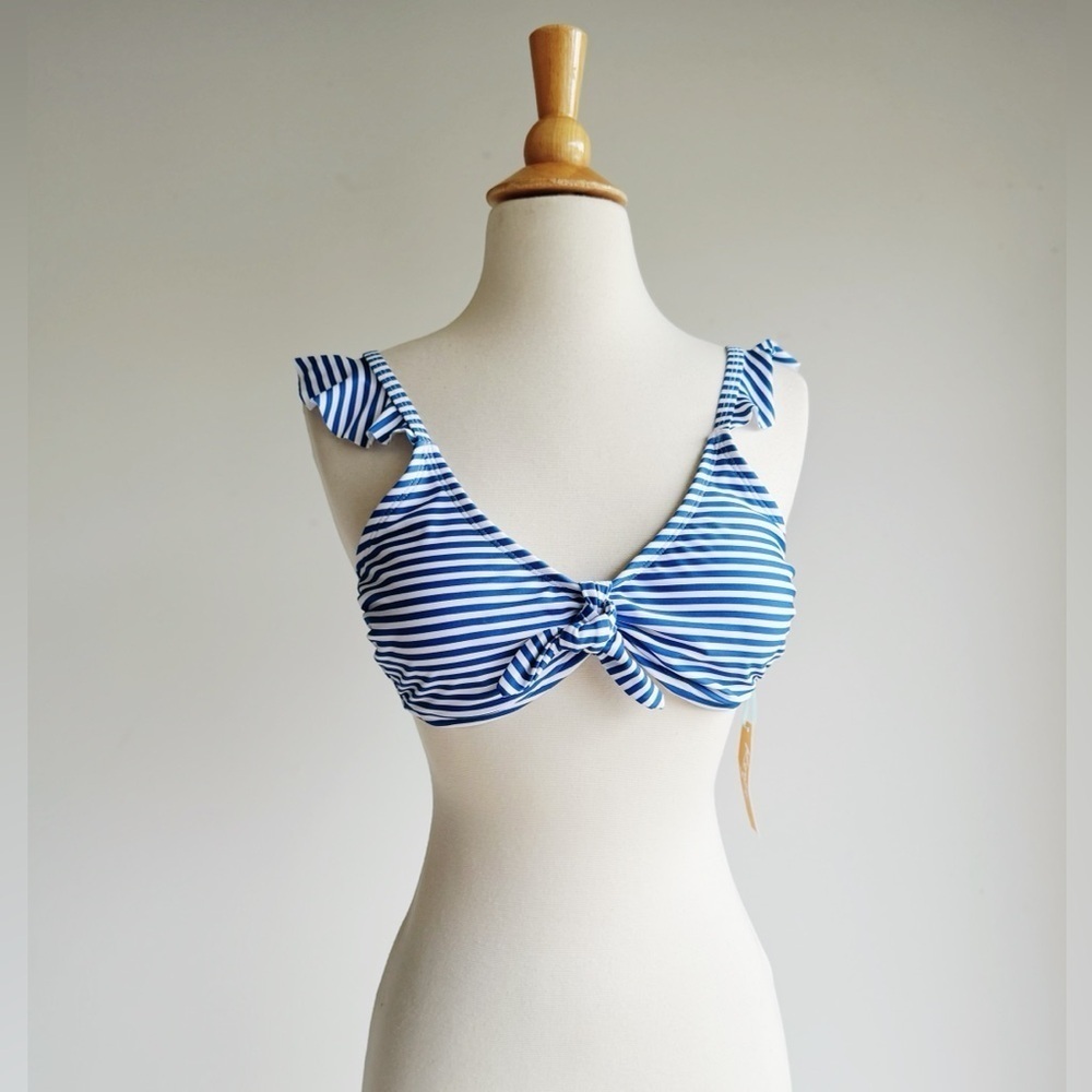 NWT KONA SOL Blue and White Striped Ruffle Sleeve Bikini Top Medium